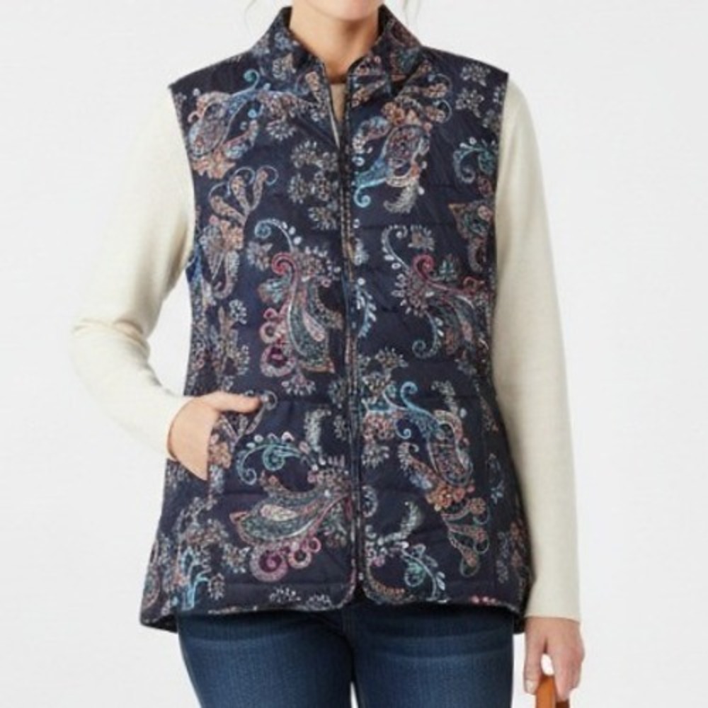 Talbots Paisley Quilted Vest Blue Multicolor Sleeveless Zip Front XL